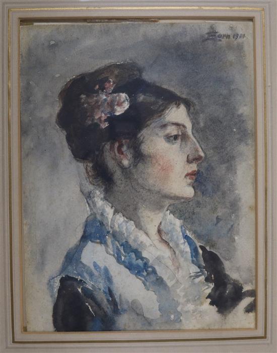 After Anders Zorn, watercolour, portrait of a lady, bears signature and date 1901, 8 x 6in.